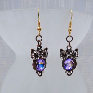 Handmade Owl Dangle Earrings With Purple Stone Copper Tone Animal Core